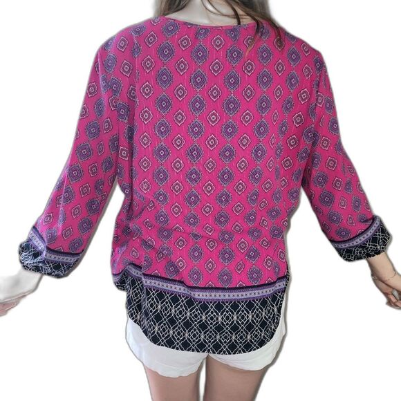Ruby Rd Womens Size L Large Fuschia Black Mandala Top Tassels V Neck - Picture 2 of 15